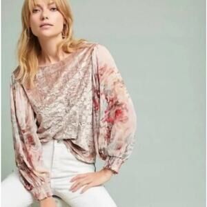 ANTHROPOLOGIE x MEADOW RUE Crushed Velvet Floral Boho Top Pink Sz XS {MM45}